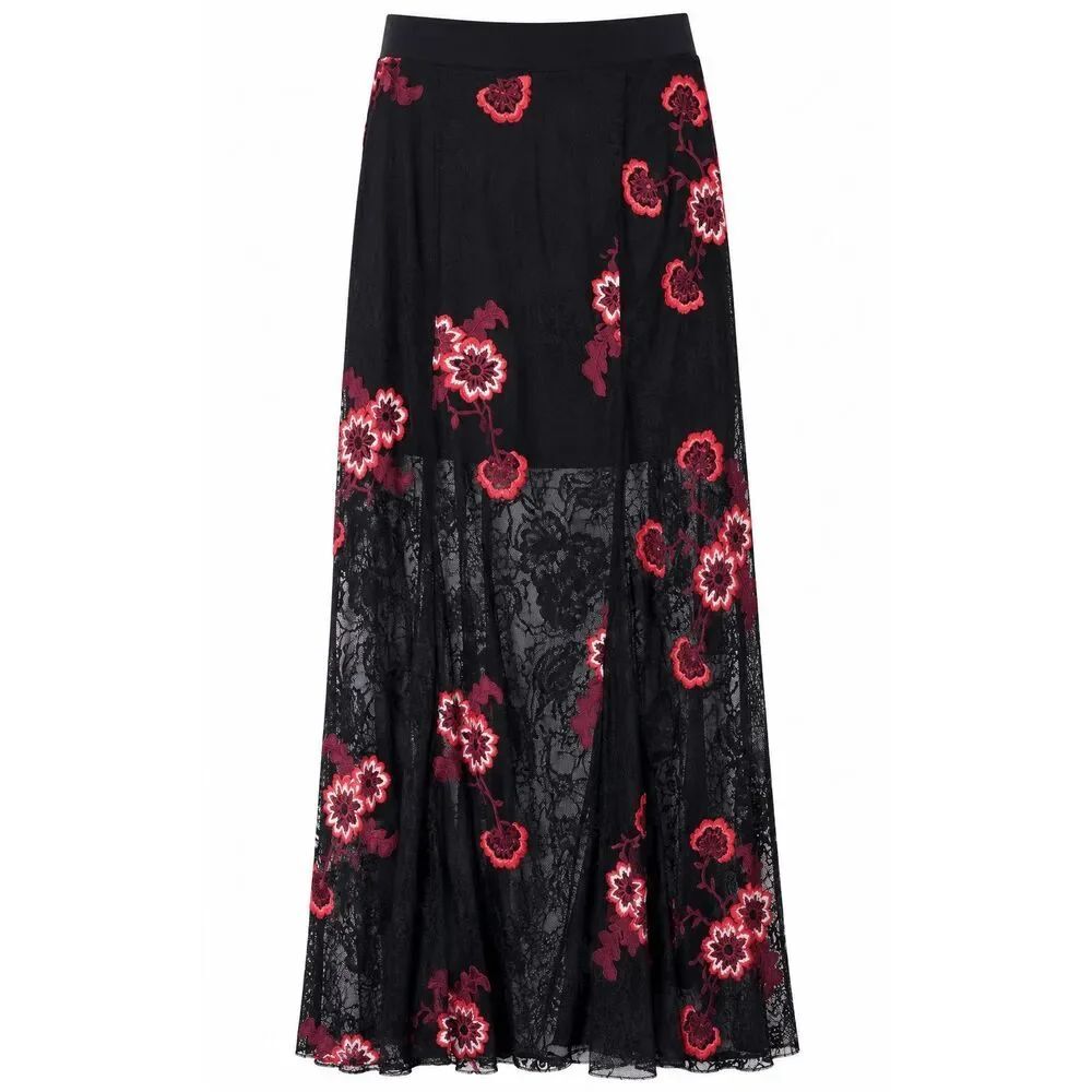 Forever 21 Mesh Maxi Skirt Women Size S Black Floral Embroidered Boho Semi Sheer
